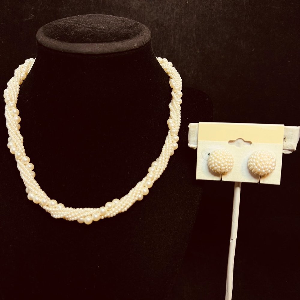 Vintage Twisted 6 Strand Faux Pearl Necklace And Clip On Earrings Set (3833)